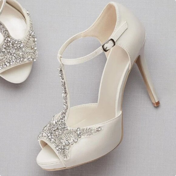 FSJ White Crystal T Strap High Heel Bridal Wedding Open Toe Rhinestones Sandals - Picture 1 of 8